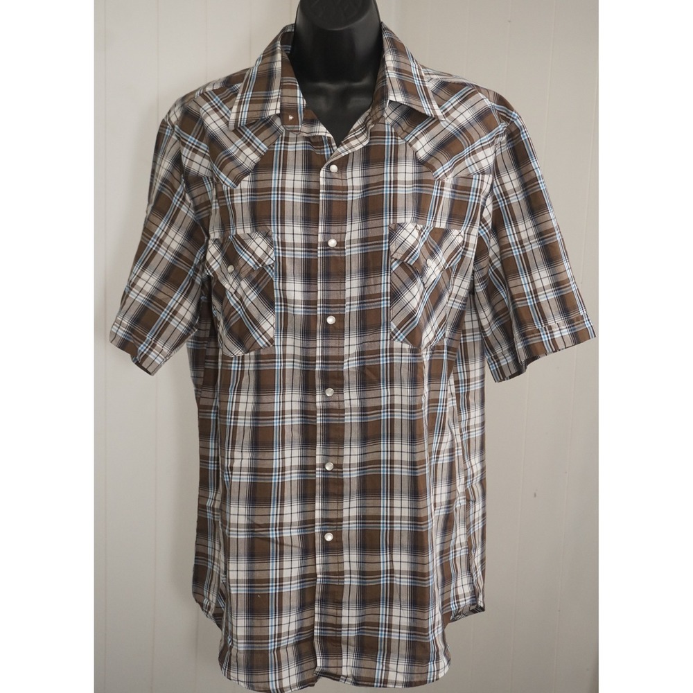 Plains Medium Brown Plaid Short Sleeve Pearl Snap Western Shirt
